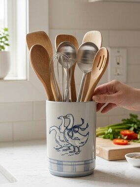 Louisville Stoneware Crock Gaggle Of Geese Blue Utensil Holder Crock